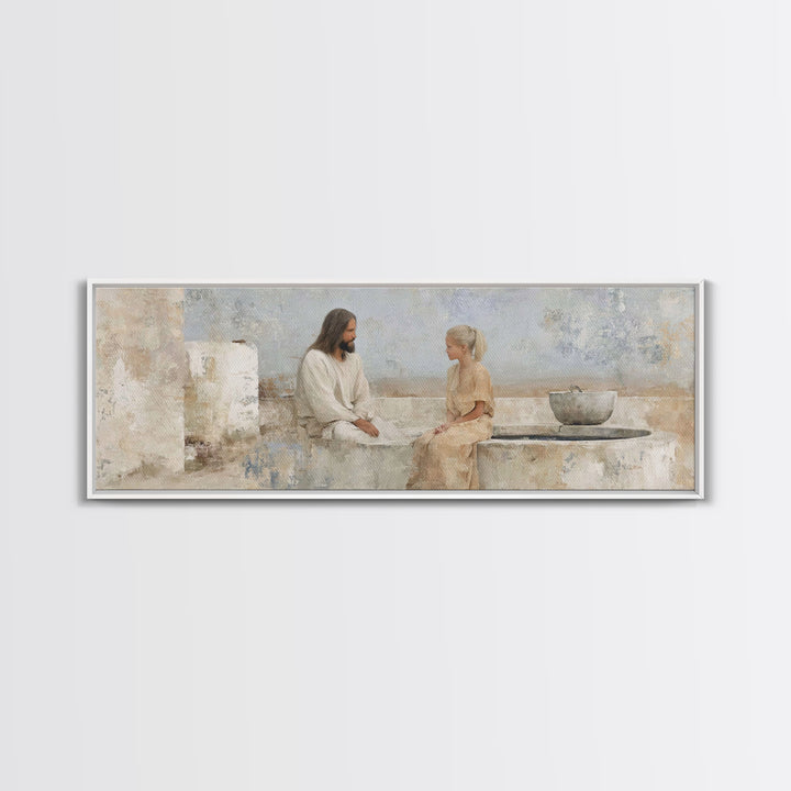 Quiet Well Encounter | Framed Canvas Print | Christian Art Canvas | Jesus Painting | Panoramic Painting | Christian Wall Art | Christian Gi