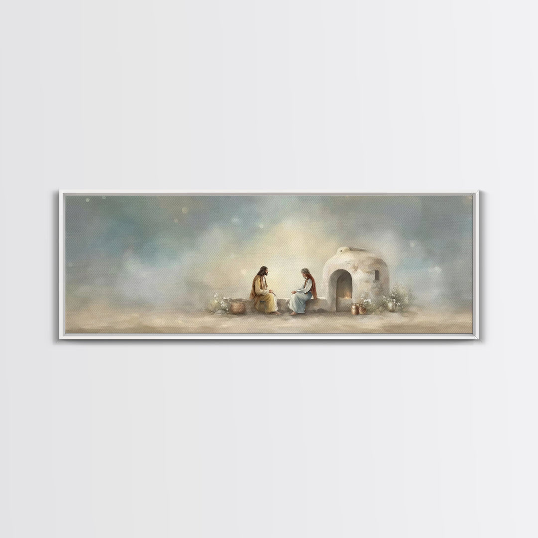 Morning At The Well, Framed Canvas Print, Christian Wall Art, Panoramic Art, Jesus Painting, Christian Decor, Christian Art Print