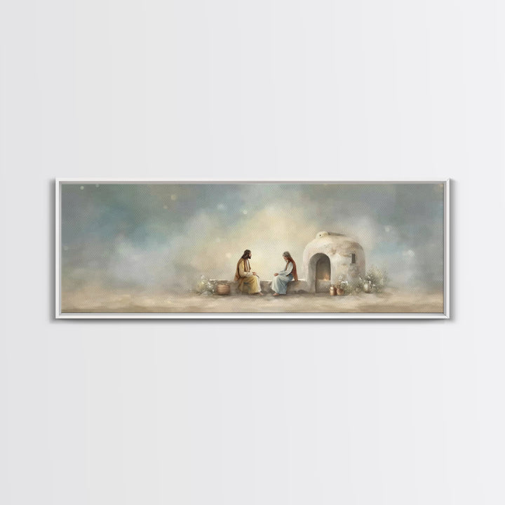 Morning At The Well, Framed Canvas Print, Christian Wall Art, Panoramic Art, Jesus Painting, Christian Decor, Christian Art Print