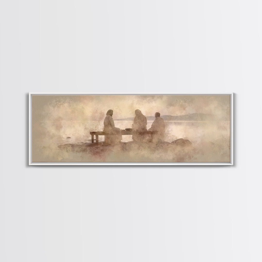 Shoreline Communion, Framed Canvas Print, Christian Wall Art, Christian Art Canvas, Panoramic Art, Jesus Painting, Christian Gift