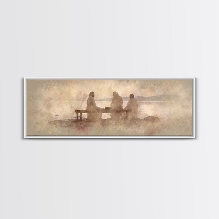 Shoreline Communion, Framed Canvas Print, Christian Wall Art, Christian Art Canvas, Panoramic Art, Jesus Painting, Christian Gift