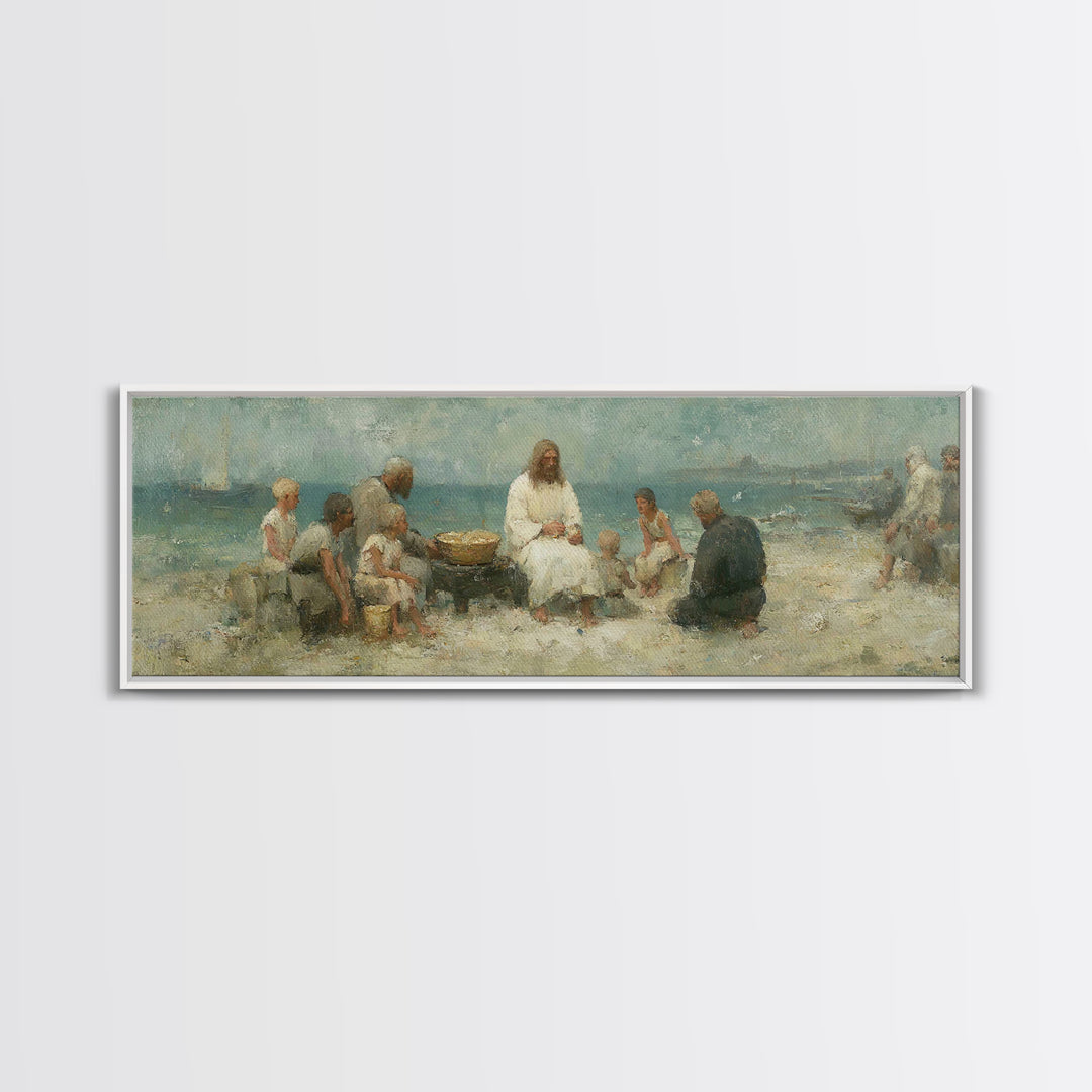 Lakeside Bread Sharing, Framed Canvas Print, Christian Art Canvas, Panoramic Wall Art, Christian Decor, Jesus Painting, Christian Wall Art
