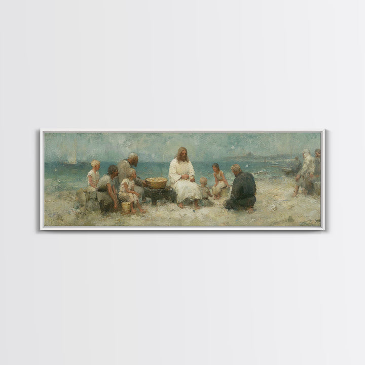 Lakeside Bread Sharing, Framed Canvas Print, Christian Art Canvas, Panoramic Wall Art, Christian Decor, Jesus Painting, Christian Wall Art