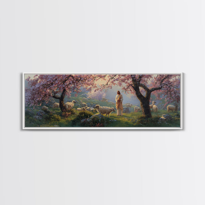 Shepherd Blossom Light, Framed Canvas Print, Panoramic Wall Art, Christian Art Canvas, Jesus Painting, Christian Art, Christian Gift