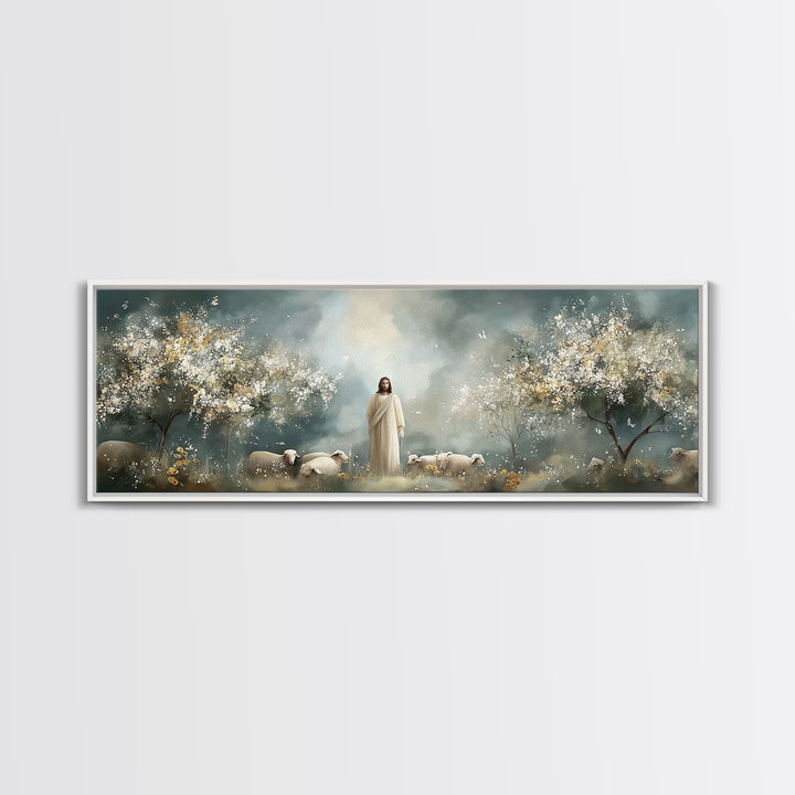 Heavenly Pasture Bloom – Framed Canvas Print – Panoramic Art – Christian Wall Art – Christian Art Canvas – Jesus Painting – Christian Gift