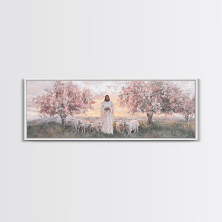 Sunrise Shepherd Calm | Framed Canvas Print | Panoramic Wall Art | Christian Art Canvas | Jesus Painting | Christian Art | Christian Gift