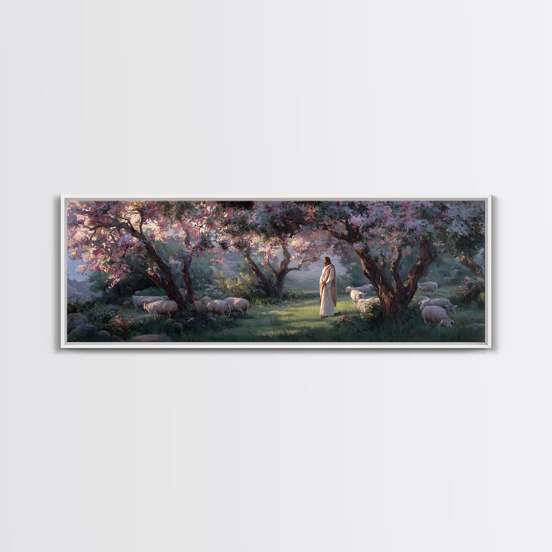 Garden Of The Shepherd, Framed Canvas Print, Panoramic Art, Christian Wall Art, Christian Art Canvas, Jesus Painting, Christian Gift