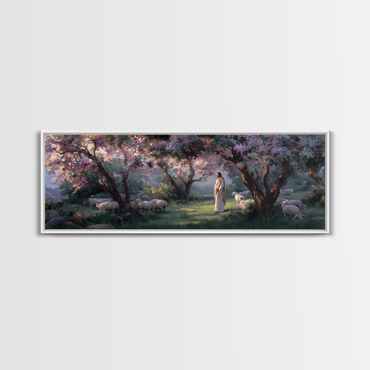 Garden Of The Shepherd, Framed Canvas Print, Panoramic Art, Christian Wall Art, Christian Art Canvas, Jesus Painting, Christian Gift