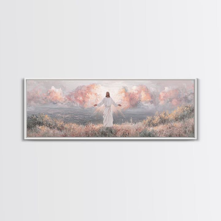 Radiant Dawn Blessing, Framed Canvas Print, Christian Wall Art, Jesus Painting, Panoramic Wall Art, Christian Art Canvas, Christmas Art Pri