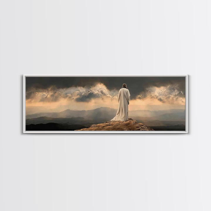 Stormlight Messiah - Framed Canvas Print - Christian Wall Art - Jesus Painting - Panoramic Frame - Christian Art Canvas - Christmas Art Fra