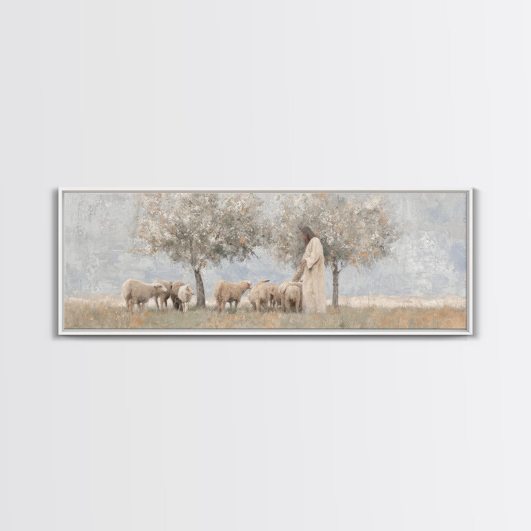 Olive Grove Shepherd, Framed Canvas Print, Panoramic Wall Art, Christian Art Canvas, Jesus Painting, Christian Decor, Christian Art