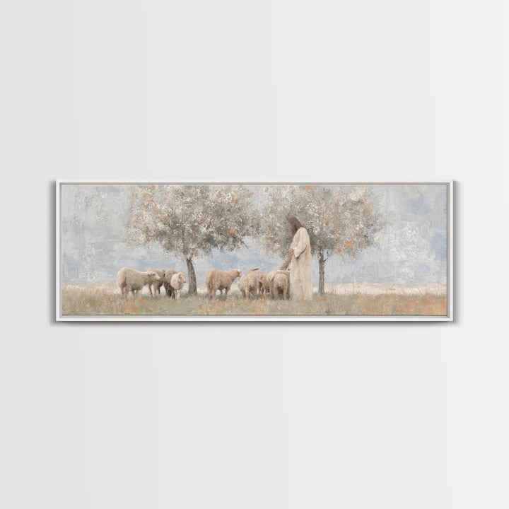 Olive Grove Shepherd, Framed Canvas Print, Panoramic Wall Art, Christian Art Canvas, Jesus Painting, Christian Decor, Christian Art