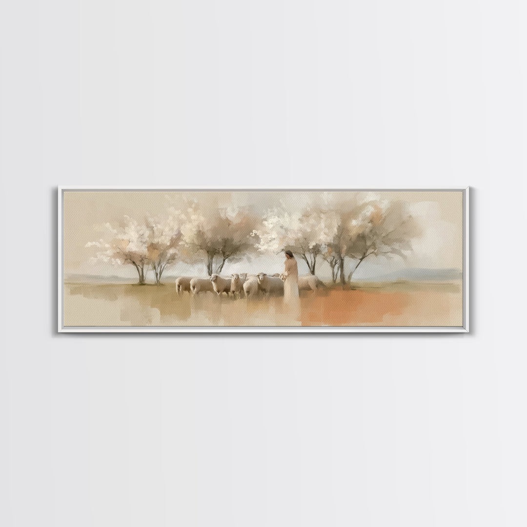 Spring Pasture Grace – Framed Canvas Print – Panoramic Print – Christian Art – Jesus Painting – Christian Gift Ideas – Christian Wall Art