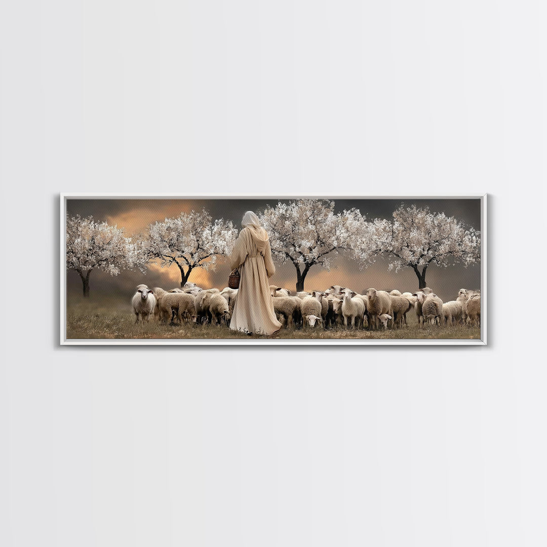 Twilight Shepherd Path – Framed Canvas Print – Panoramic Wall Art – Jesus Art Print – Christian Art Canvas – Christian Decor – Modern Chris