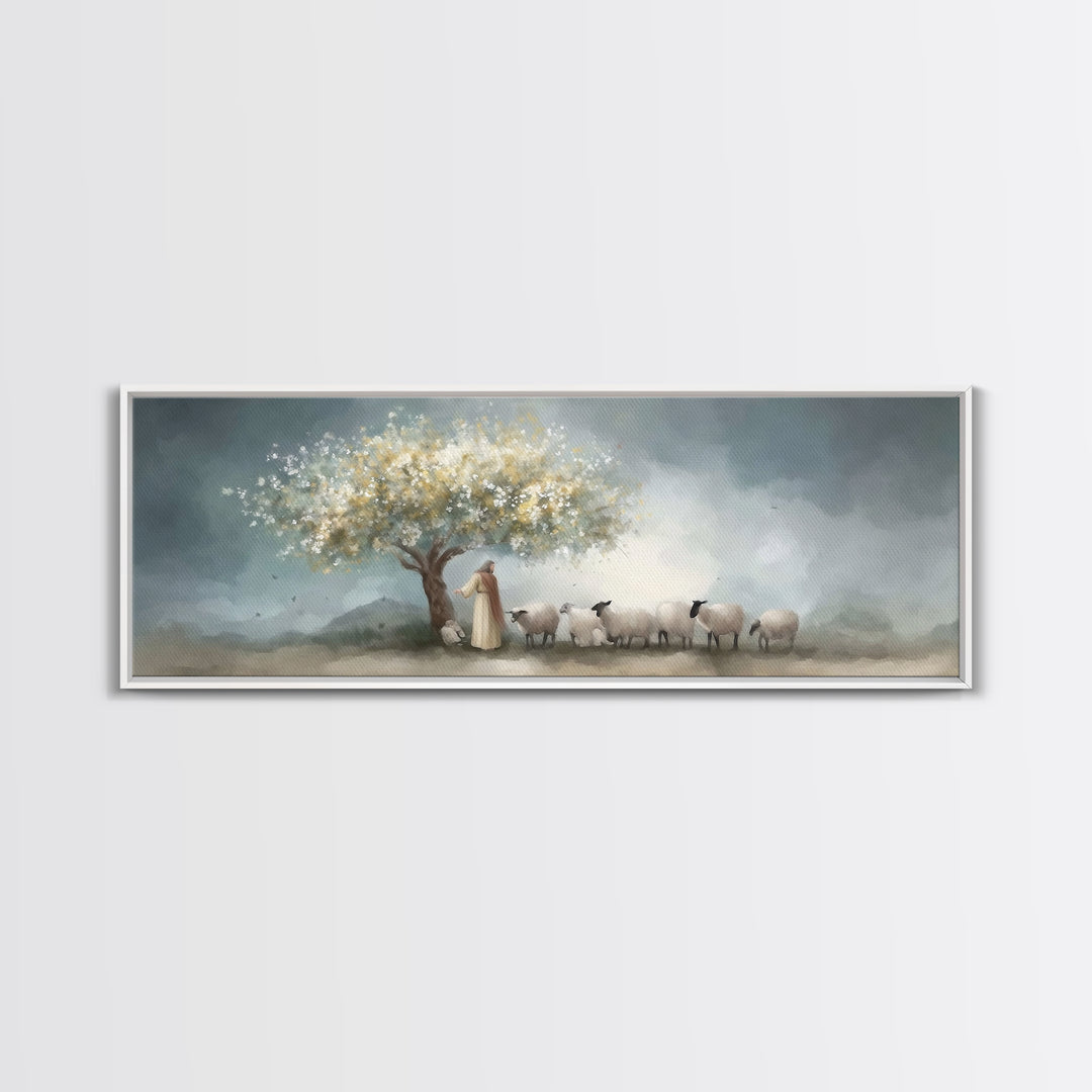 Golden Pasture Calm, Framed Canvas Print, Panoramic Art, Christian Art Print, Jesus Painting Canvas, Christian Christmas Art, Christian Dec