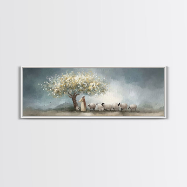 Golden Pasture Calm, Framed Canvas Print, Panoramic Art, Christian Art Print, Jesus Painting Canvas, Christian Christmas Art, Christian Dec