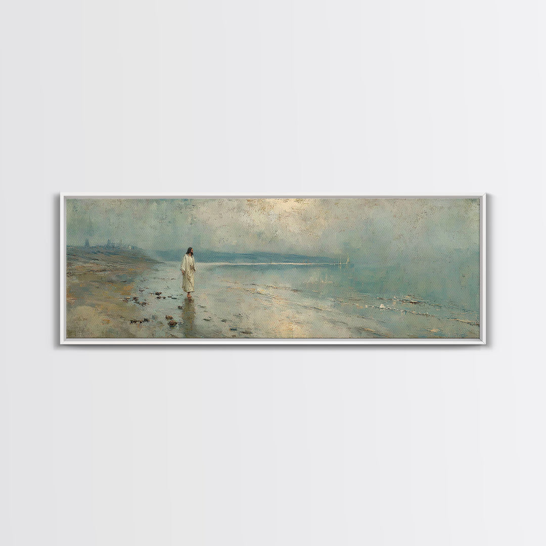 Shoreline Of Mercy, Framed Canvas Print, Christian Wall Art, Jesus Painting, Panoramic Wall Art, Christian Art Canvas, Christmas Art