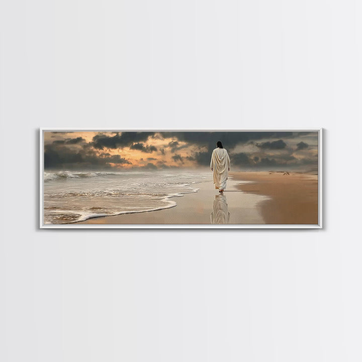 Twilight Footsteps, Framed Canvas Print, Christian Wall Art, Panoramic Painting, Jesus Painting, Christian Art Canvas, Christmas Art