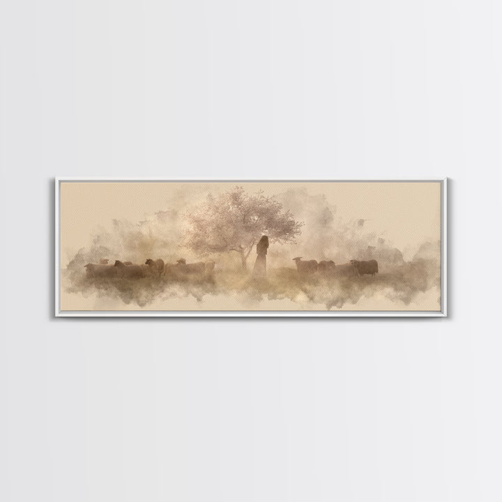 Shepherd’s Quiet Bloom, Framed Canvas Print, Panoramic Print, Christian Wall Art, Jesus Painting, Christian Art Canvas, Christmas Art