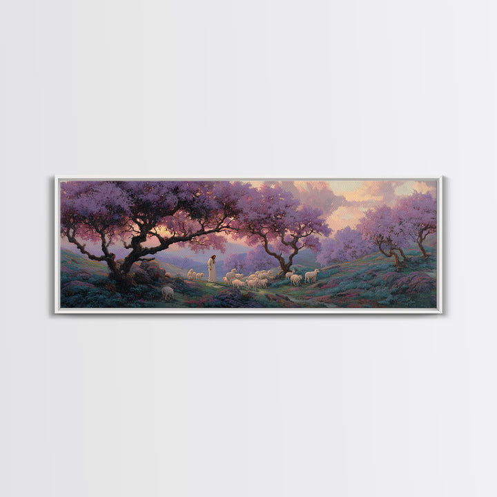 Lavender Hill Shepherd – Framed Canvas Print – Panoramic Painting – Christian Art Canvas – Jesus Painting – Christian Wall Art – Christmas