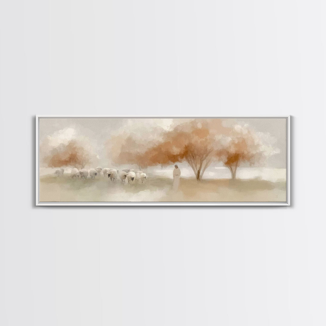 The Peaceful Shepherd, Framed Canvas Print, Christian Wall Art, Jesus Painting, Panoramic Art, Christian Art Canvas, Christmas Art