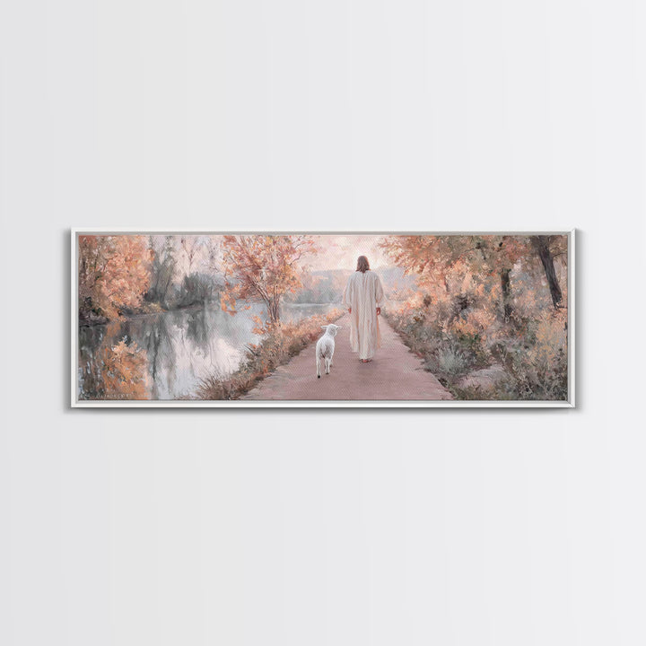 Autumn Path Mercy | Framed Canvas Print | Christian Art Print | Jesus Painting | Panoramic Painting | Christian Christmas Art | Christian D