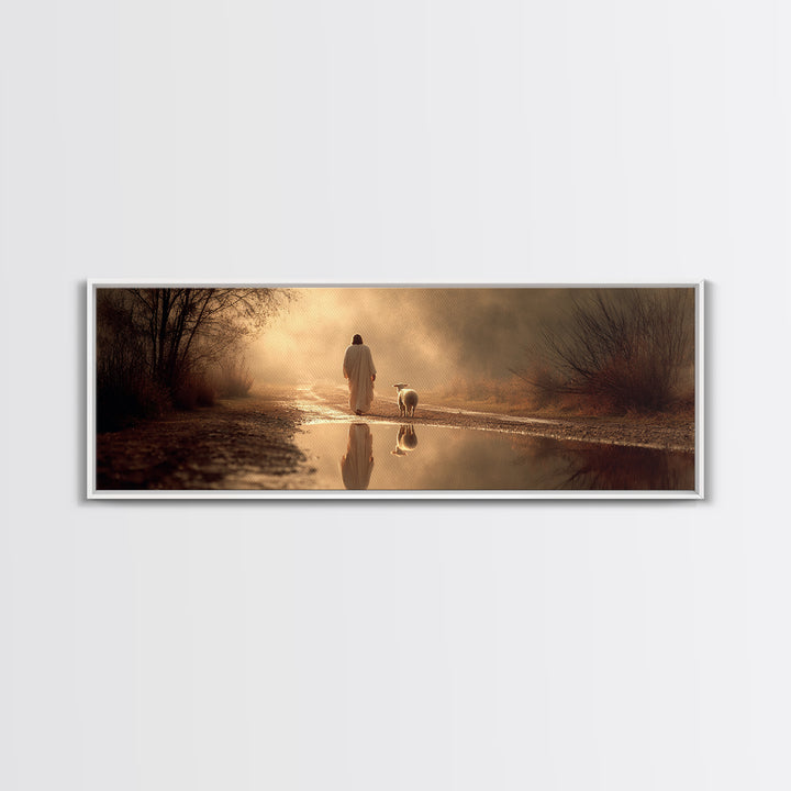 Golden Hour Shepherd, Framed Canvas Print, Christian Art Canvas, Panoramic Wall Art, Jesus Painting, Christian Christmas Art, Christian Gif