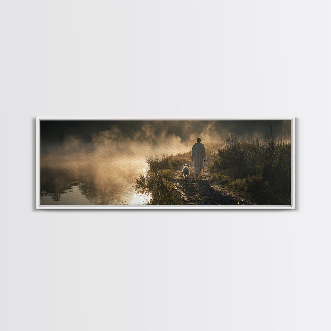 Morning Shore Peace | Framed Canvas Print | Christian Wall Art | Panoramic Print | Jesus Art Canvas | Christmas Art | Christian Art Gift