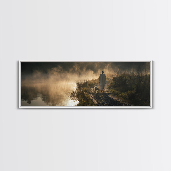 Morning Shore Peace | Framed Canvas Print | Christian Wall Art | Panoramic Print | Jesus Art Canvas | Christmas Art | Christian Art Gift