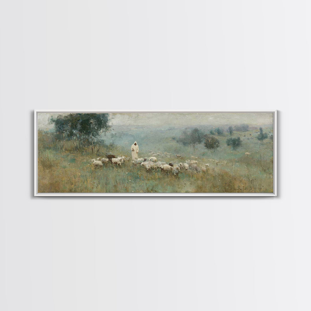 Pasture Of Grace | Framed Canvas Print | Panoramic Frame | Christian Art Canvas | Jesus Painting | Christian Christmas Art | Modern Christi