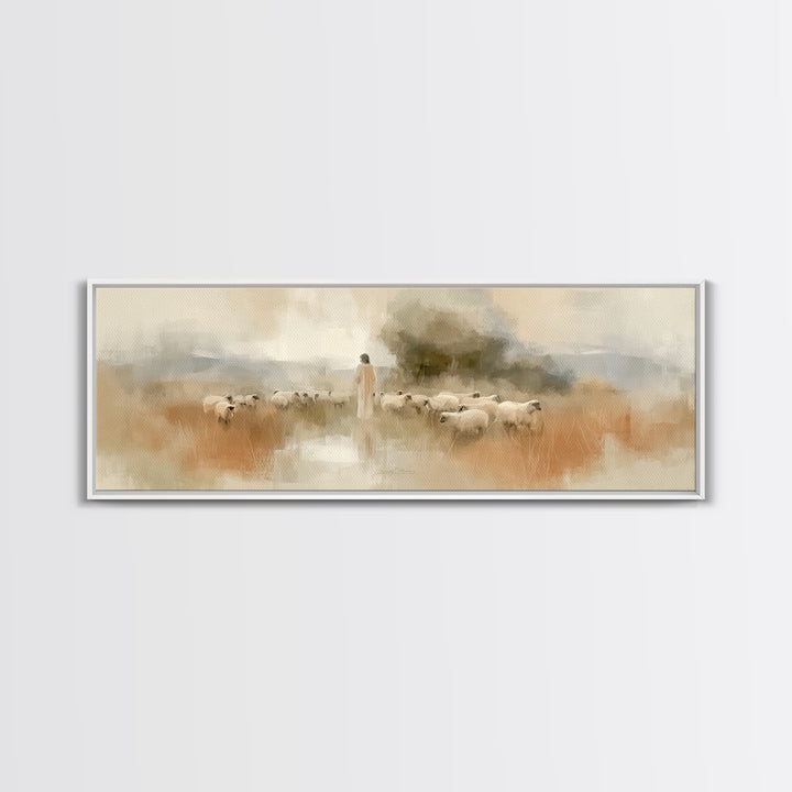 Eternal Shepherd Calm, Framed Canvas Print, Panoramic Print, Christian Art Print, Jesus Painting Canvas, Christian Christmas Art, Large Chr