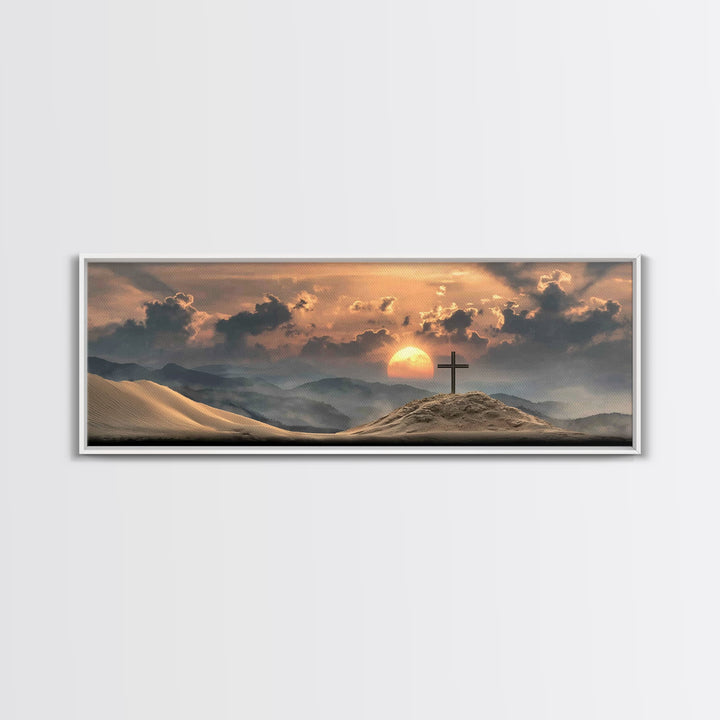 Desert Cross Dawn, Framed Canvas Print, Panoramic Wall Art, Christian Art Canvas, Christian Art Print, Modern Christian Art, Christian Deco
