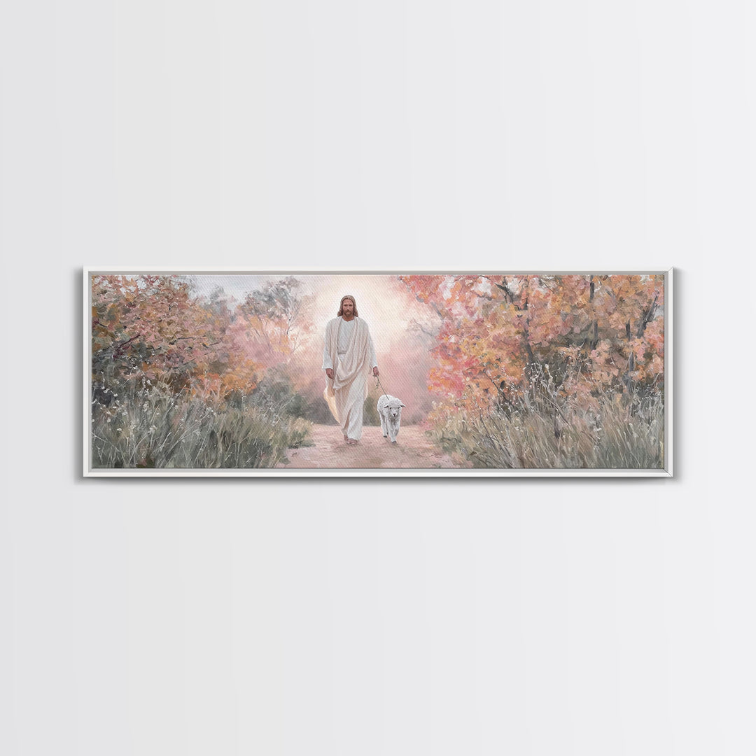 Autumn Shepherd Walk – Framed Canvas Print – Christian Art Canvas – Panoramic Wall Art – Jesus Painting – Christian Wall Art