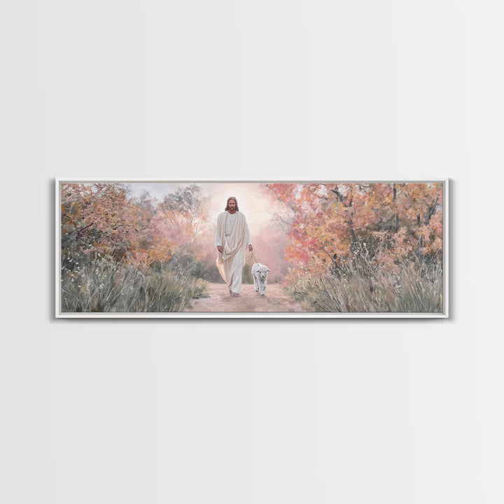 Autumn Shepherd Walk – Framed Canvas Print – Christian Art Canvas – Panoramic Wall Art – Jesus Painting – Christian Wall Art