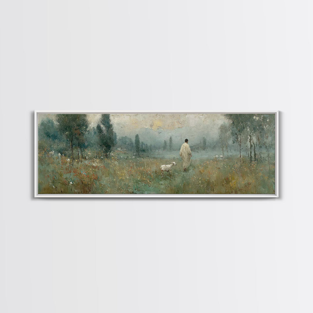 Misty Pasture Calm, Framed Canvas Print, Panoramic Art, Christian Wall Art, Jesus Painting, Christian Art Canvas