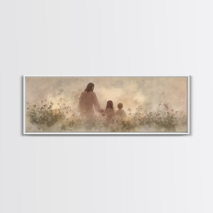 Heaven’s Meadow Walk | Framed Canvas Print | Christian Art Canvas | Panoramic Wall Art | Jesus Painting | Christian Wall Art