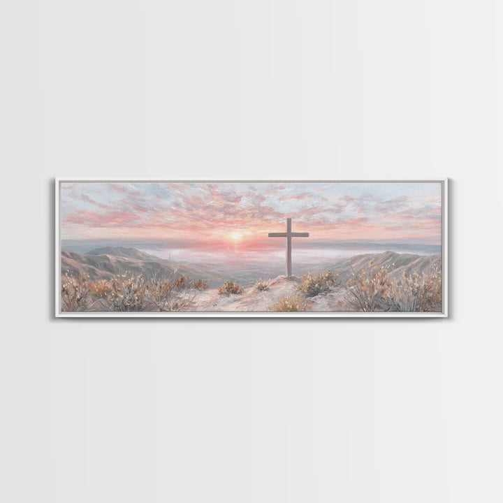 Sunrise At Calvary – Framed Canvas Print – Panoramic Painting – Christian Art Canvas – Christian Wall Art – Christian Gift Ideas – Modern C