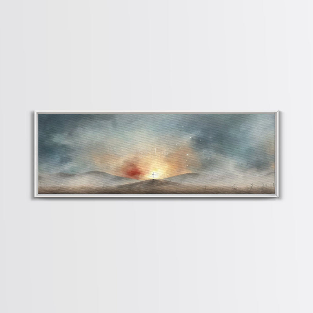 Risen Light Promise, Framed Canvas Print, Panoramic Art, Christian Wall Art, Christian Art Canvas, Blue Christian Art, Christian Art Work,