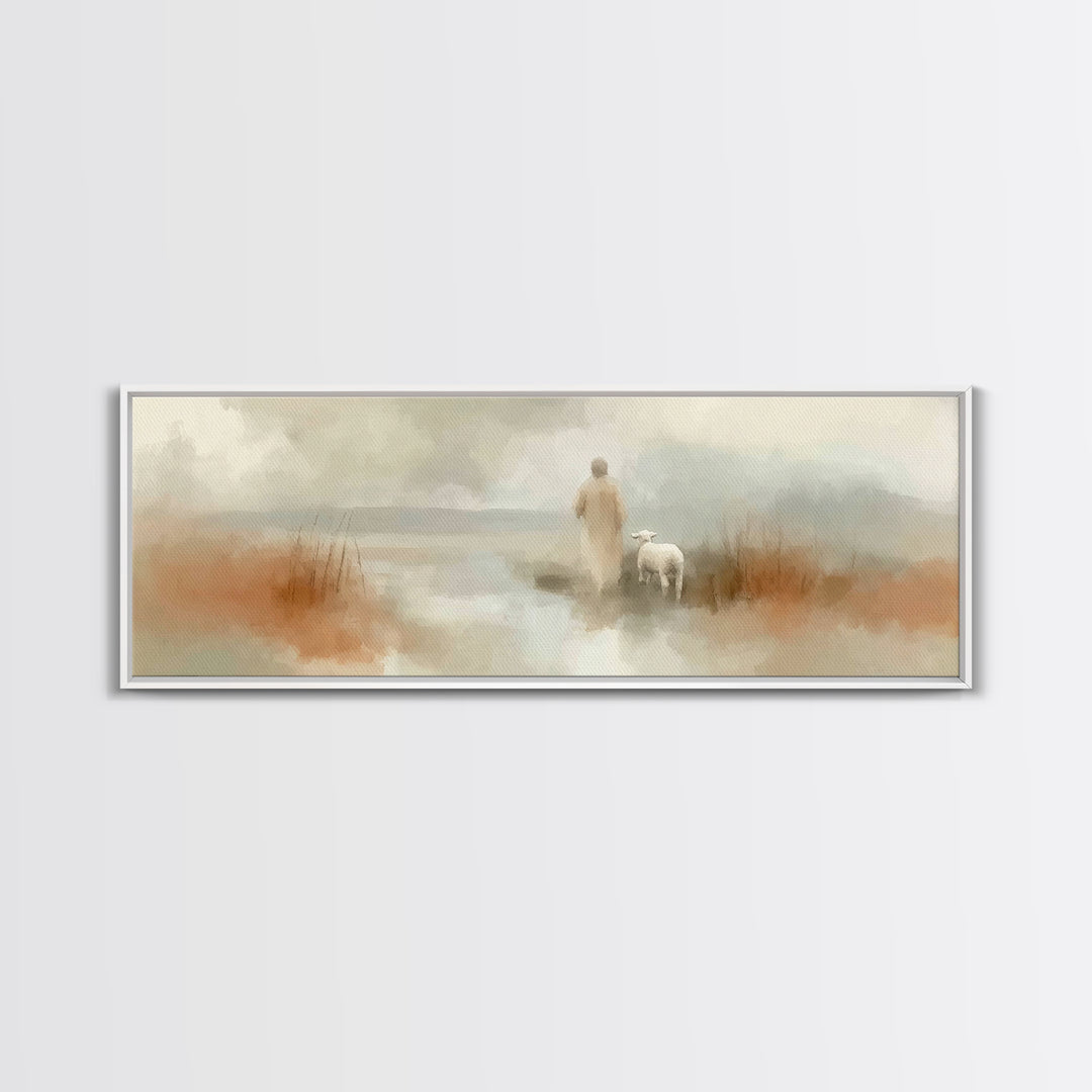 Quiet Waters Grace, Framed Canvas Print, Panoramic Frame, Christian Art Canvas, Jesus Painting, Christian Wall Art, Christian Christmas Art