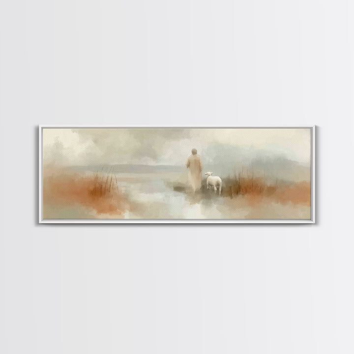 Quiet Waters Grace, Framed Canvas Print, Panoramic Frame, Christian Art Canvas, Jesus Painting, Christian Wall Art, Christian Christmas Art