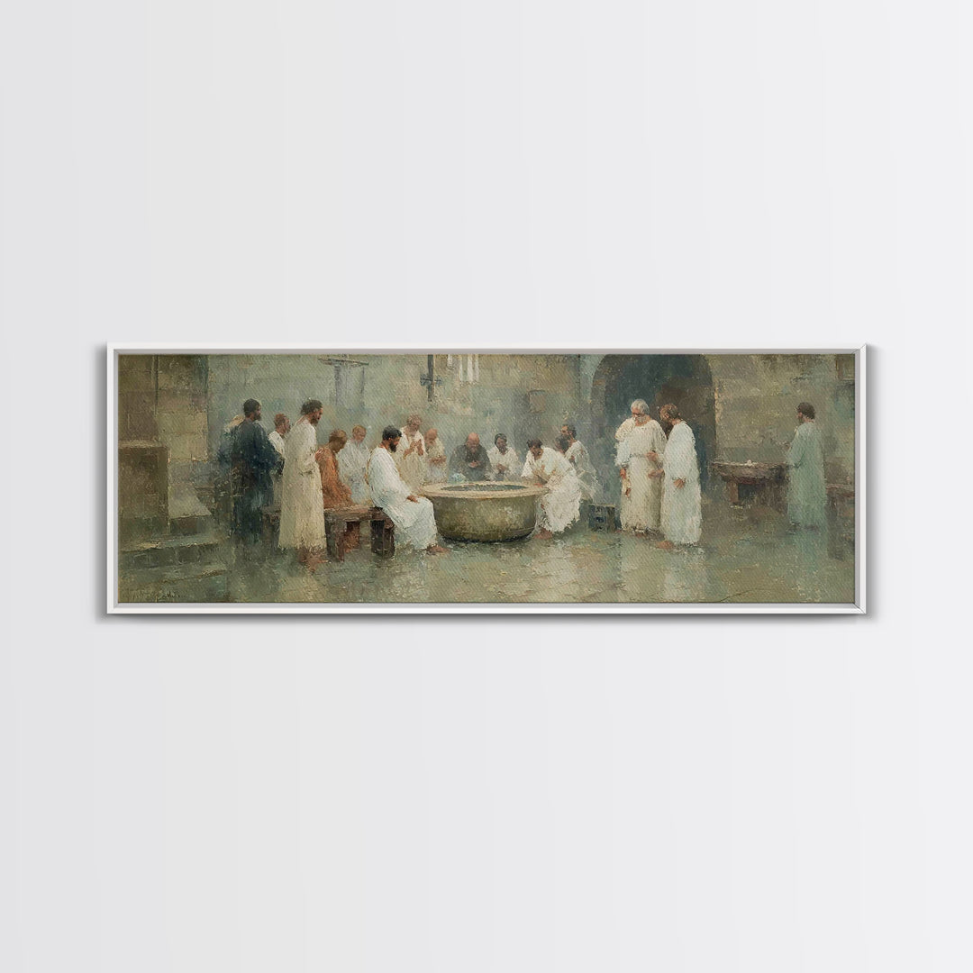 Service of Love, Framed Canvas Print, Panoramic Wall Art, Christian Art Canvas, Jesus Painting, Christian Christmas Art, Christian Decor, C
