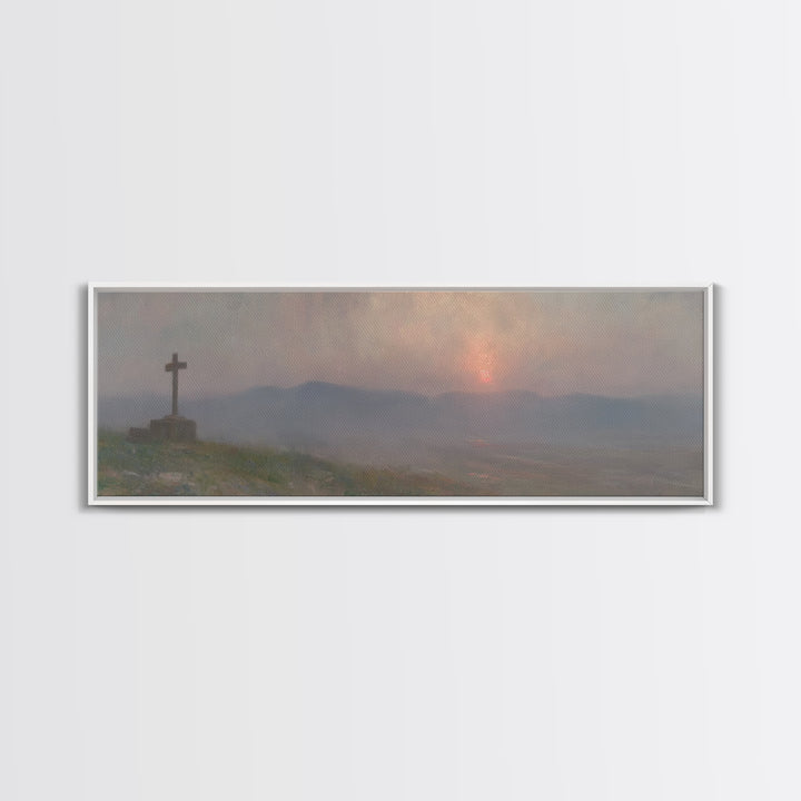 Cross Of Stillness | Framed Canvas Print | Panoramic Wall Art | Christian Art Print | Christian Painting | Moody Christian Art | Christian