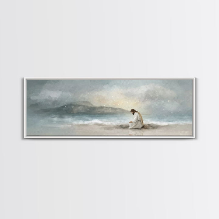 Shoreline Reverence - Framed Canvas Print - Christian Wall Art - Jesus Painting - Panoramic Art - Christian Art Canvas - Christmas Art