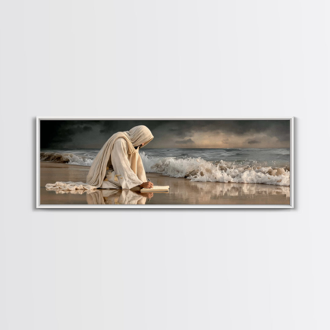Quiet Sea Prayer | Framed Canvas Print | Jesus Painting | Panoramic Wall Art | Christian Art Print | Christian Wall Art | Christmas Art