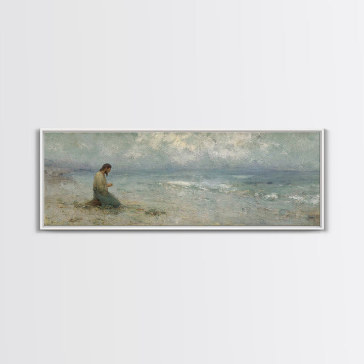 Gentle Shore Grace - Framed Canvas Print - Panoramic Frame - Christian Art Canvas - Jesus Painting - Christian Wall Art - Christmas Art
