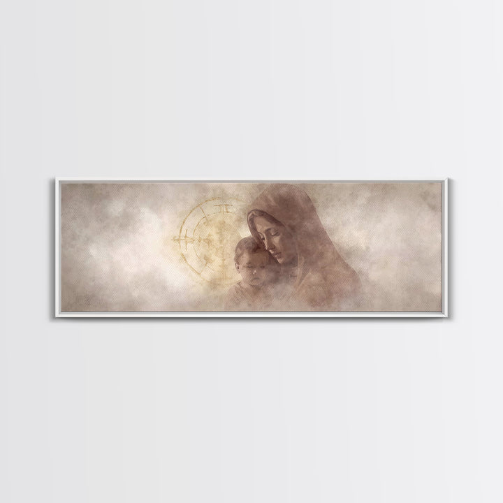 Motherly Devotion, Framed Canvas Print, Christian Wall Art, Panoramic Painting, Mary And Jesus Painting, Christian Art Canvas, Christmas Ar