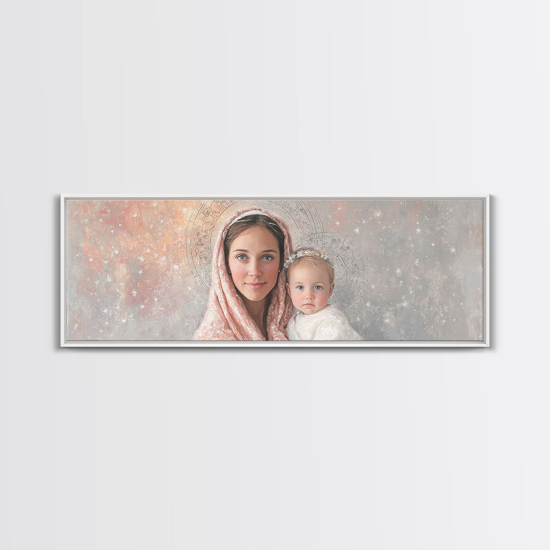 Radiant Holy Innocence | Framed Canvas Print | Panoramic Wall Art | Christian Art Canvas | Mary And Jesus Painting | Christian Christmas Ar