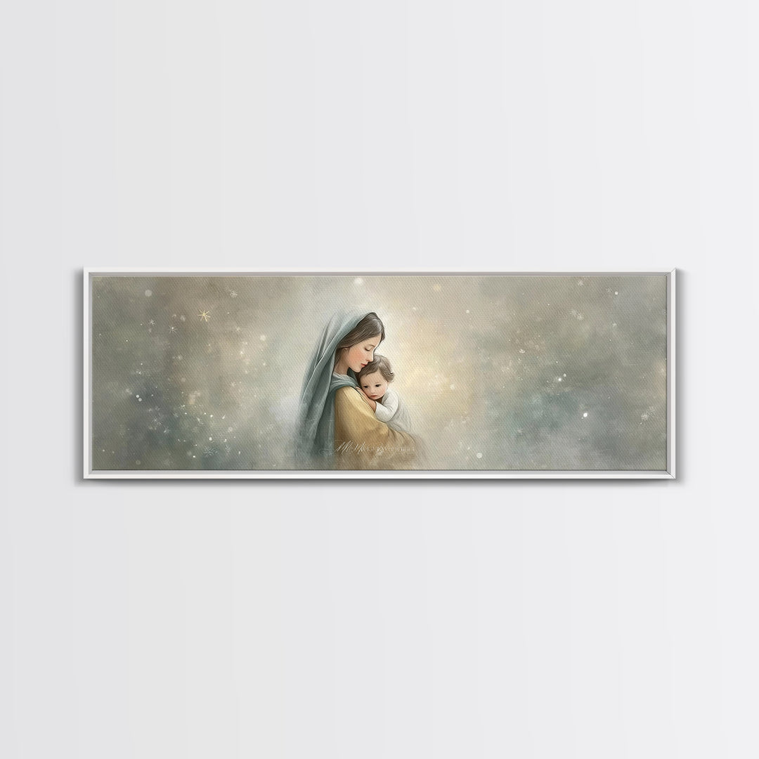 Starborn Grace Light, Framed Canvas Print, Panoramic Art, Christian Wall Art, Mary And Jesus Painting, Christian Art Canvas, Christmas Art