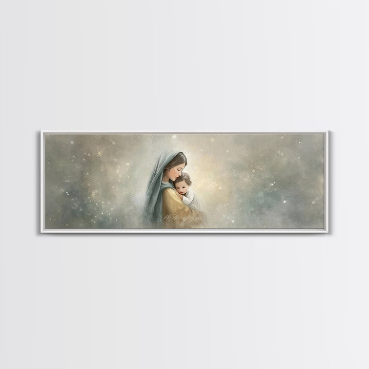 Starborn Grace Light, Framed Canvas Print, Panoramic Art, Christian Wall Art, Mary And Jesus Painting, Christian Art Canvas, Christmas Art