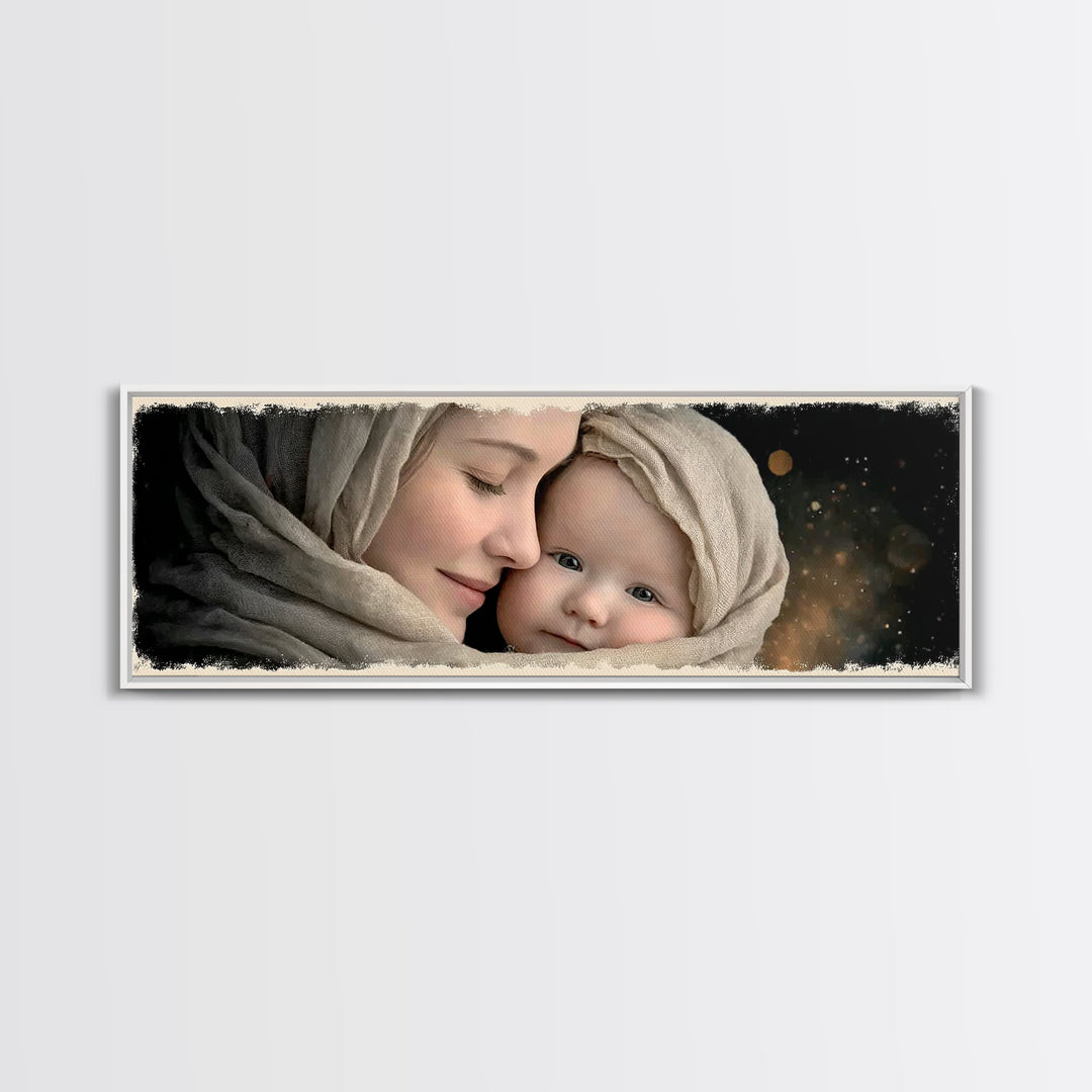 Timeless Sacred Gaze | Framed Canvas Print | Panoramic Painting | Mary And Jesus Painting | Christian Art Canvas | Christian Christmas Art